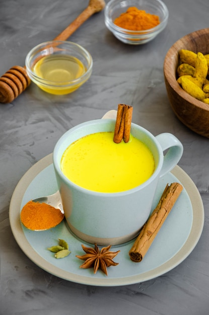 Lait doré dans une tasse avec du miel et d'autres épices