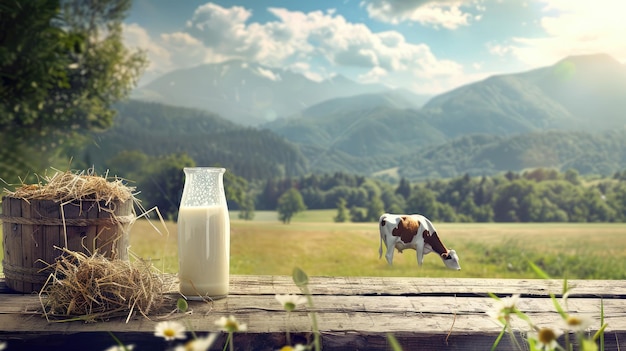 Photo le lait avec du foin sur une table en bois et une vache qui paît dans la prairie.