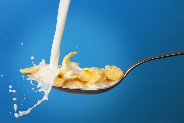 Lait éclaboussant dans une cuillère avec des cornflakes