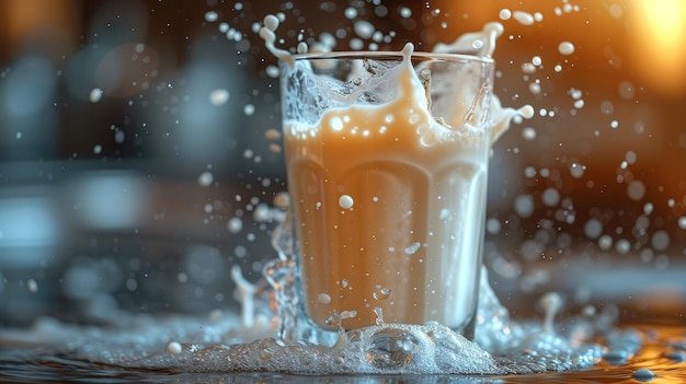 Photo le lait éclaboussé dans un verre de lait en gros plan ai générative