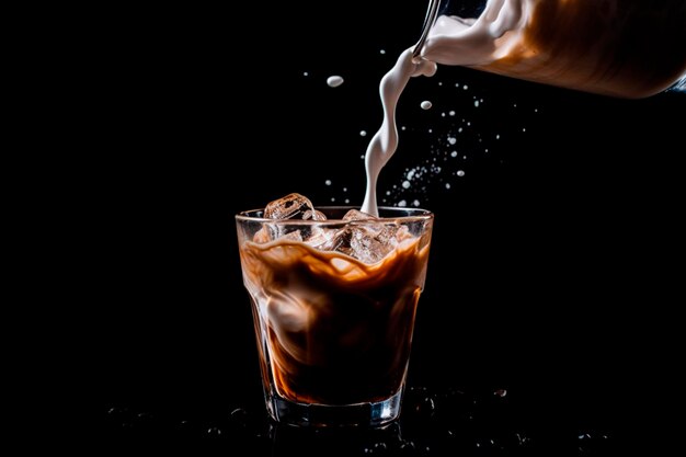 Le lait est versé dans un verre de latte glacé