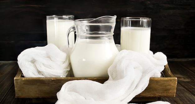 Lait frais dans une bouteille en verre et pichet