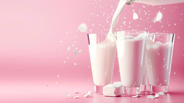 Photo le lait frais versé dans des verres avec des éclaboussures sur le fond rose de la journée mondiale du lait