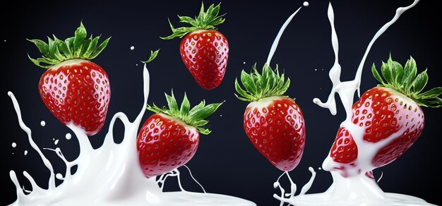 Lait de fraise éclaboussant de fraise isolé sur fond noir