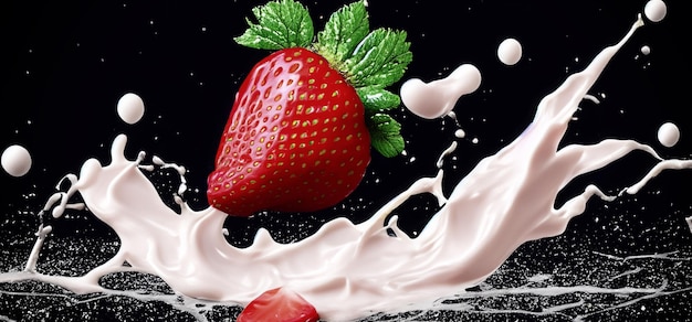 Lait de fraise éclaboussant de fraise isolé sur fond noir