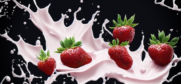 Lait de fraise éclaboussant de fraise isolé sur fond noir