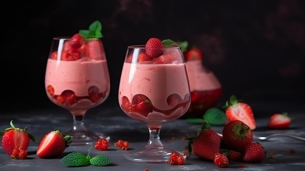 Lait de fraise avec sauce compote de fraises maison sur fond sombre