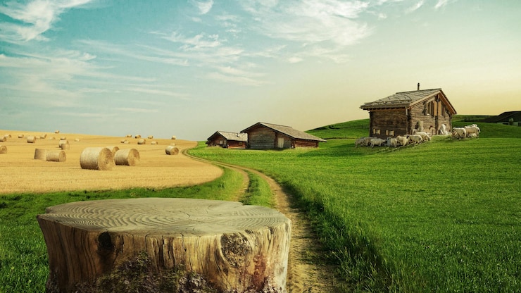 Photo le lait naturel frais avec des éclaboussures se tient sur une souche de piédestal en bois dans un village avec des champs verts vaches seigle et des maisons dans les montagnes le lait naturel est un produit écologique paysage rural vue de la campagne