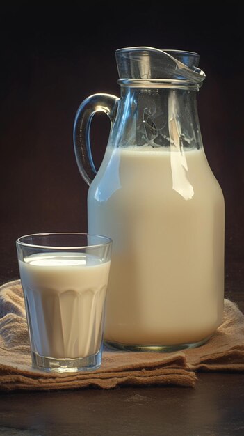 Le lait naturel frais présenté dans des décantateurs en verre et en verre pour les médias sociaux