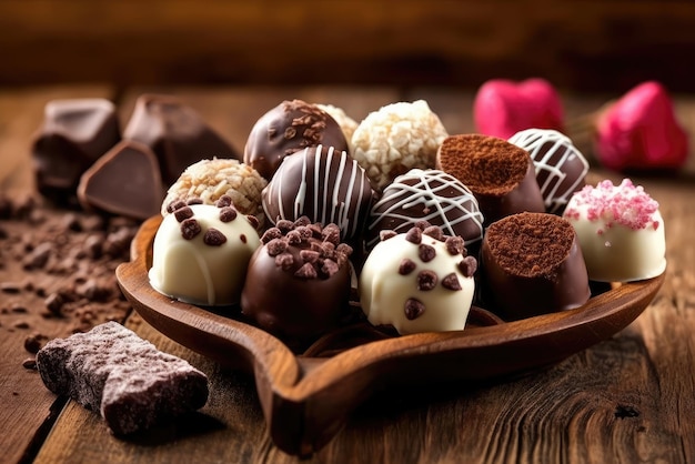 Le lait noir et le chocolat blanc, les bonbons, les pralines, les truffes assorties sur une table en bois.