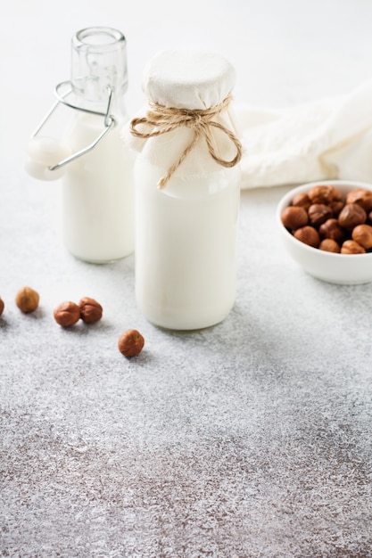 Lait de noisette végétal régime fait maison et noix sur fond gris. Concept de régime alimentaire sain. Copiez l'espace.