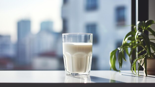 Photo le lait et la plante sur le rebord des fenêtres urbaines