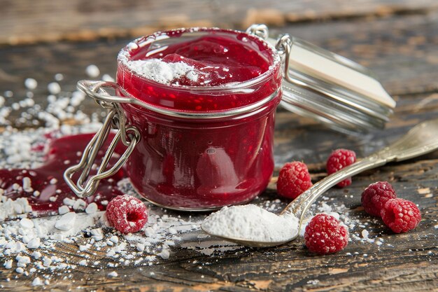 Le lait en poudre sur une cuillère avec un pot de conserves de fruits