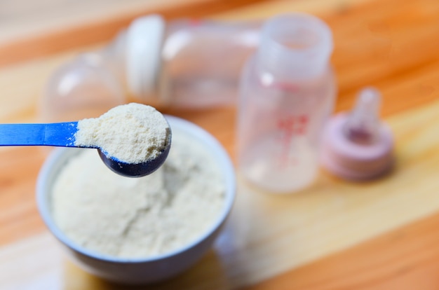 Lait en poudre dans une cuillère avec un bol