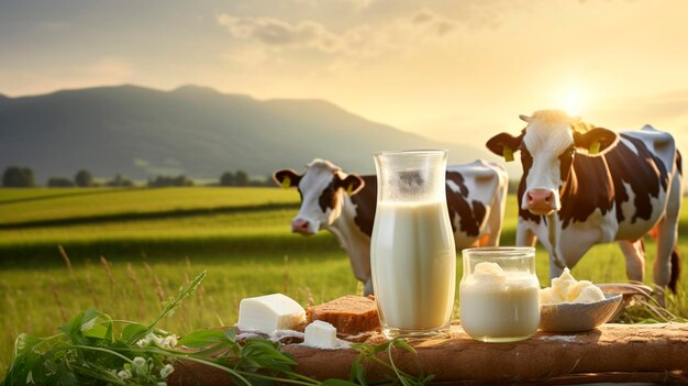 Le lait et les produits laitiers dans le contexte d'une prairie avec des vaches au pâturage