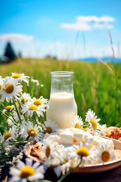 Le lait et les produits laitiers dans le contexte d'une prairie avec des vaches au pâturage