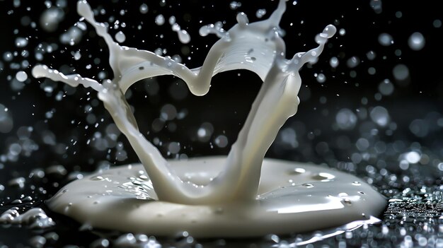 Photo le lait s'éclabousse dans l'air et forme une forme de cœur. le lait est blanc et le fond est noir.