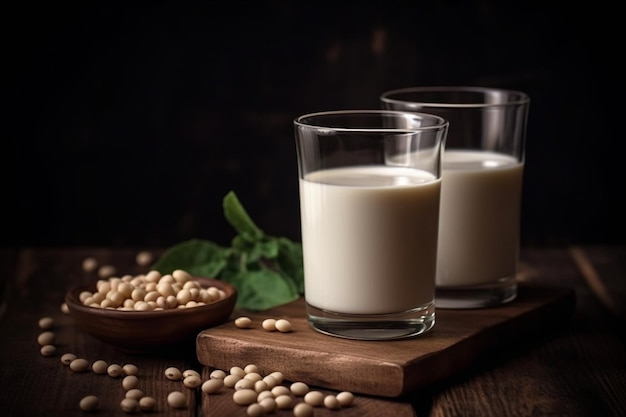 Lait de soja et soja sur table en bois