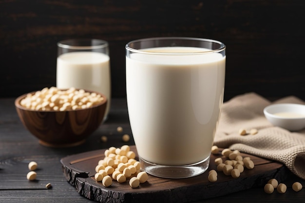 Lait de soja sur la table en bois noir