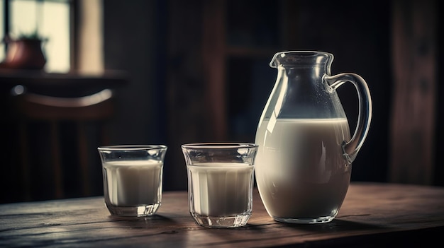 Lait sur table avec vache en arrière-plan