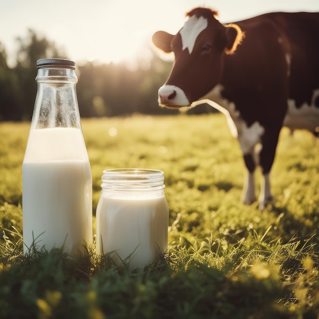 Photo le lait de vache dans une bouteille de vache en arrière-plan