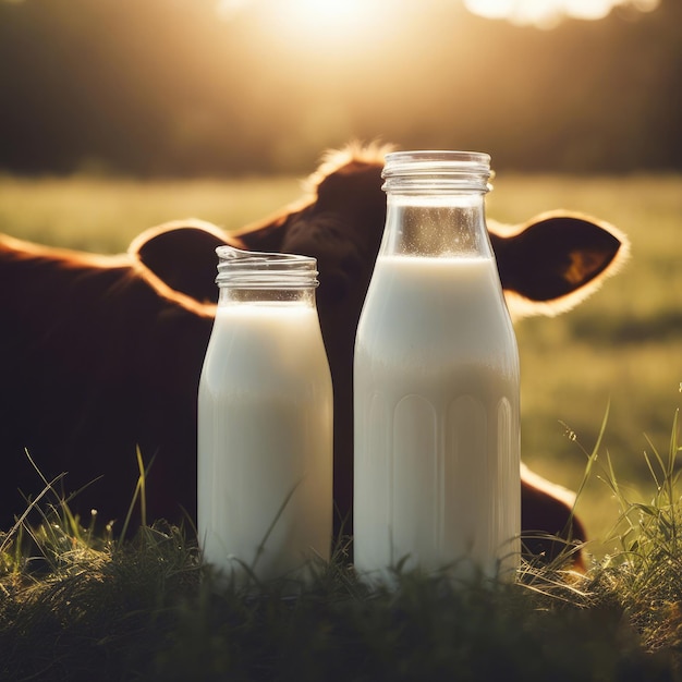 Photo le lait de vache laitière dans une vache en bouteille en arrière-plan