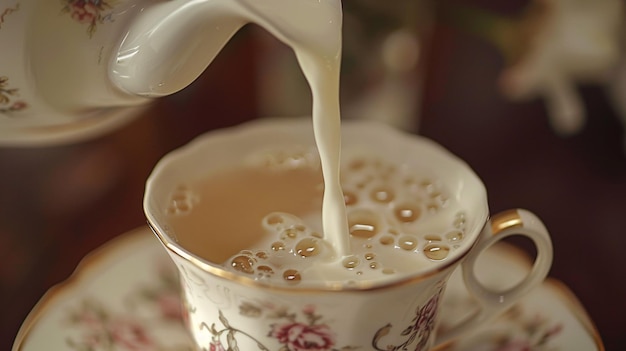 Le lait versé dans une tasse d'infusion d'herbes en gros plan