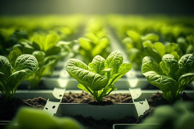 Laitue biologique et plantation de légumes jeunes plants sains qui grandissent au soleil ai générative