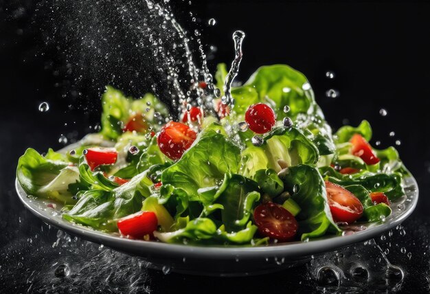 Photo laitue croustillante et tomates cerises avec un éclaboussement de gouttelettes d'eau sur un fond sombre