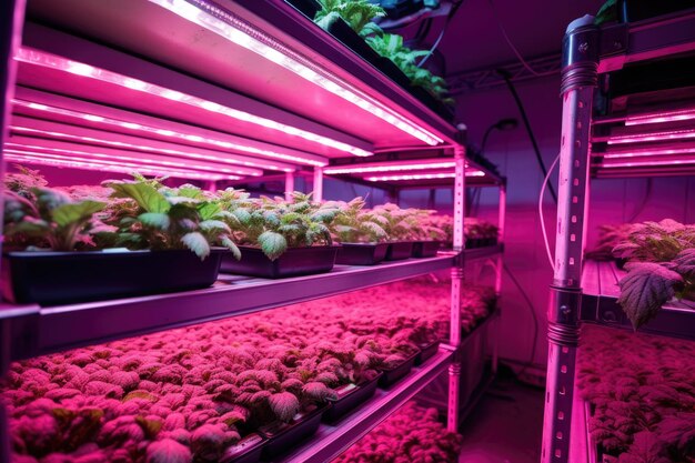 La laitue hydroponique cultivée sous des lumières LED à l'intérieur créée avec de l'AI générative