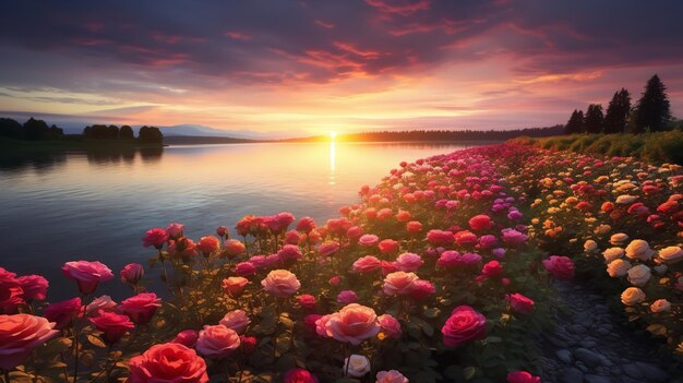 Lakeside Rose Field Elegance AI généré par