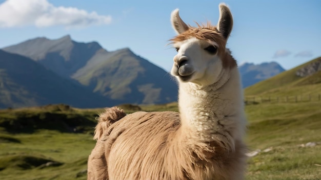 Photo un lama amical et curieux se tient sur une belle montagne entourée d'un vert luxuriant