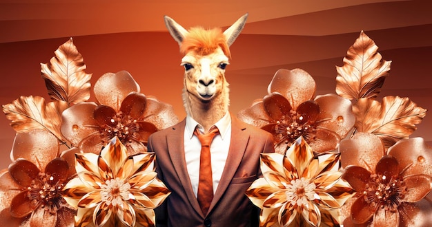 Lama anthropomorphique et élégant dans l'espace des fleurs brunes Collage de mode