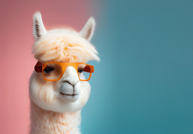 Un lama blanc avec des lunettes orange et un fond bleu