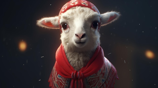 Un lama avec un chapeau rouge et une écharpe rouge