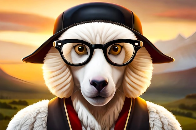 Un lama ou une chèvre de dessin animé en 3D portant un chapeau et des lunettes de soleil
