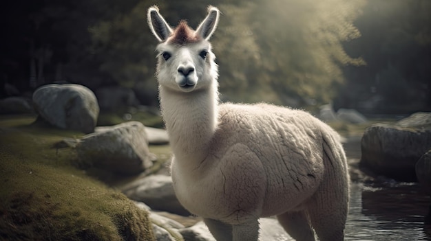 Un lama à crinière rouge marche le long d'un chemin dans les montagnes.