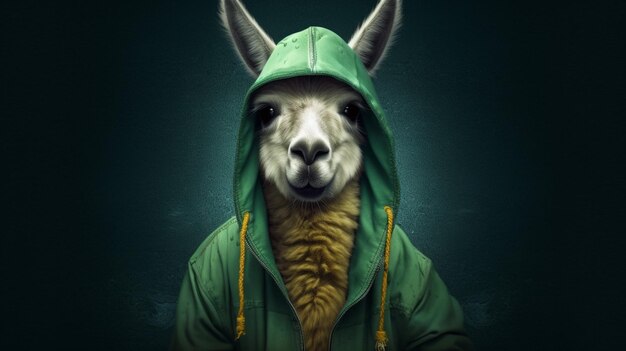 Un lama dans une veste verte et une capuche verte