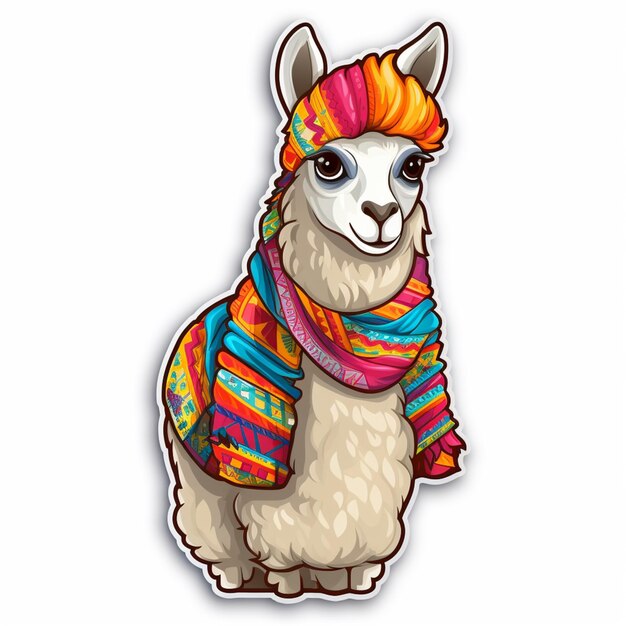 lama de dessin animé avec un foulard et un chapeau colorés sur un fond blanc