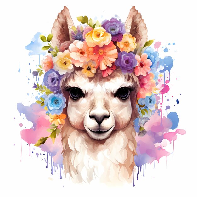 un lama avec des fleurs sur la tête et un fond coloré