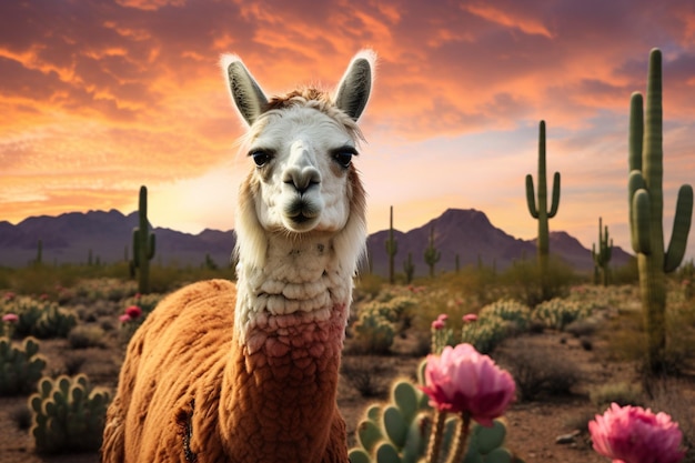 Le lama avec le paysage des cactus
