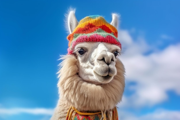 Un lama portant un chapeau et une écharpe colorés avec le mot lama dessus.