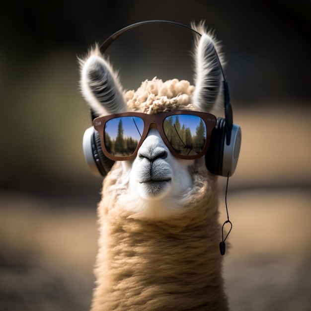 lama portant des lunettes et écoutant de la musique.