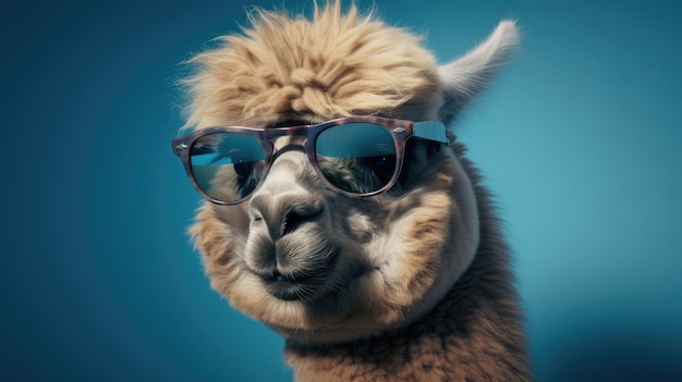 Un lama portant des lunettes de soleil et un fond bleu