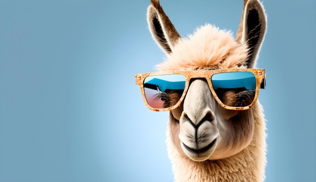 Un lama portant des lunettes de soleil et une paire de lunettes de soleil