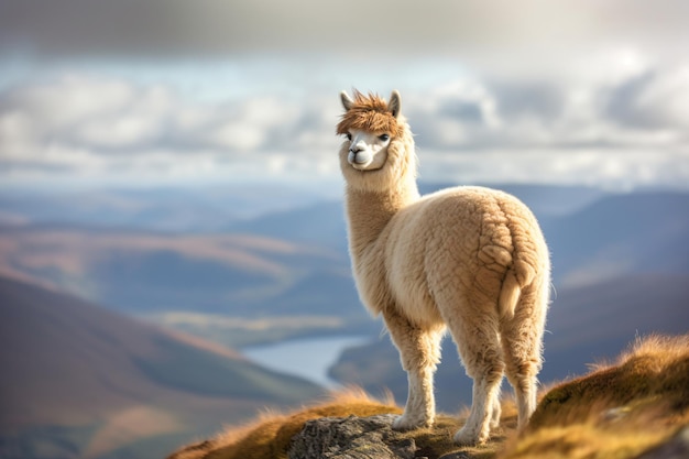 Un lama se dresse au sommet d'une montagne