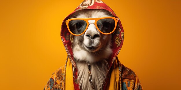 Lama vêtu de vêtements hippie sur fond jaune Concept d'humanisation des animaux