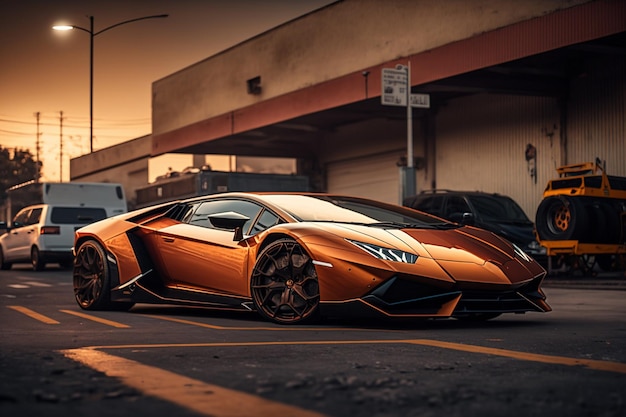 Une lamborghini dorée qui est dans la rue