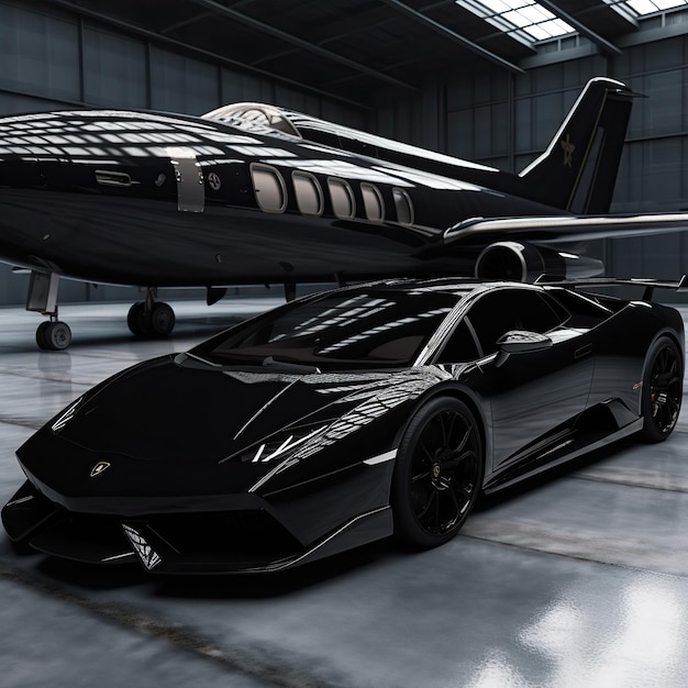 Lamborghini et jet privé en noir