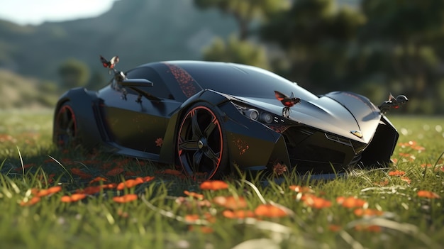 Une Lamborghini noire avec un papillon rouge sur la jante est assise dans un champ de fleurs.